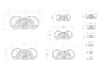 various sizes of ornate, decorative designs with intricate floral and scrollwork elements. The designs are presented in a grid format, with each design having its own set of measurements and dimensions. The image does not contain any text or additional elements that would require a more detailed description.