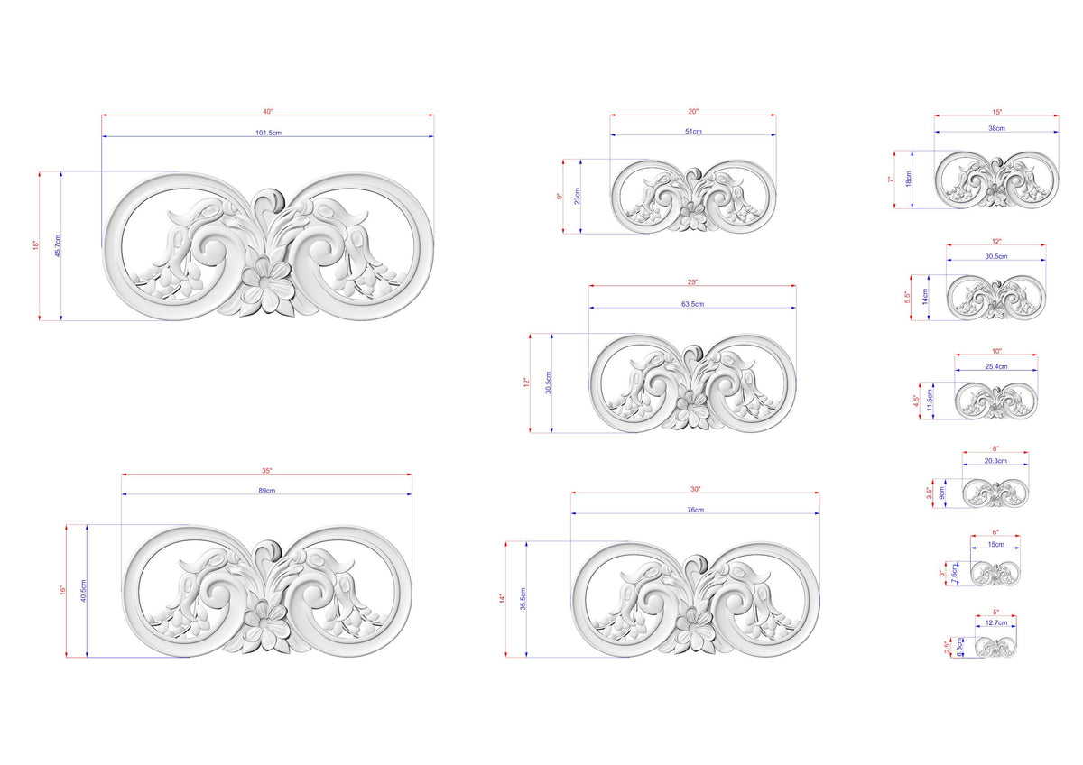 various sizes of ornate, decorative designs with intricate floral and scrollwork elements. The designs are presented in a grid format, with each design having its own set of measurements and dimensions. The image does not contain any text or additional elements that would require a more detailed description.