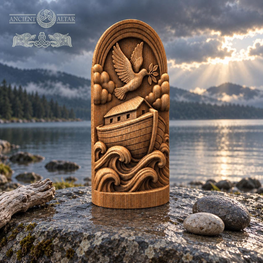 Noah's Ark Wood Sculpture with Dove and Rainbow, Solid Oak Biblical Relief, Judaica Home Decor, Religious Housewarming Gift