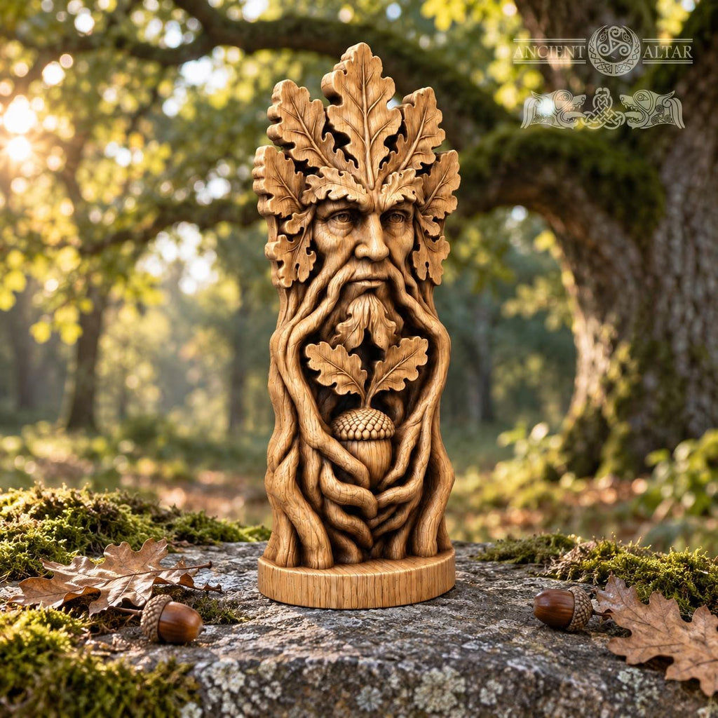 Green Man Acorn Keeper, Oak Wood Tree Spirit Statue, Leaf Face and Twisted Roots Sculpture, Woodland Decor, Pagan Altar Gift