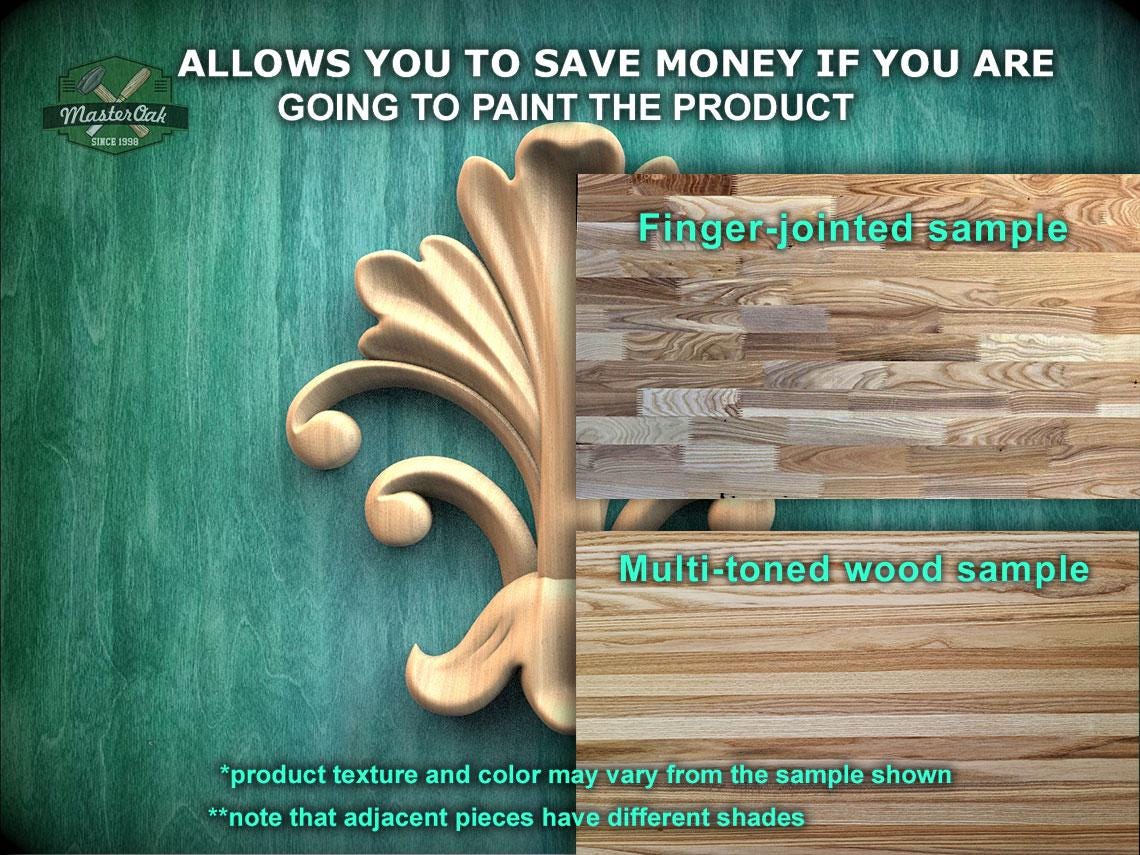 The image is a promotional image for Master Oak Paint, showcasing a variety of wood samples. It features a close-up of a wooden leaf and a multi-toned wood sample, highlighting the different textures and colors of the wood. The text on the image encourages viewers to save money by painting the product, and it provides a finger-jointed sample and a multi-toned wood sample to demonstrate the variety of options available.