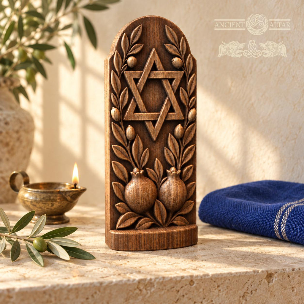Star of David Oak Wood Sculpture with Olive Branches and Pomegranates, Judaica Home Decor, Jewish Wedding and Housewarming Gift