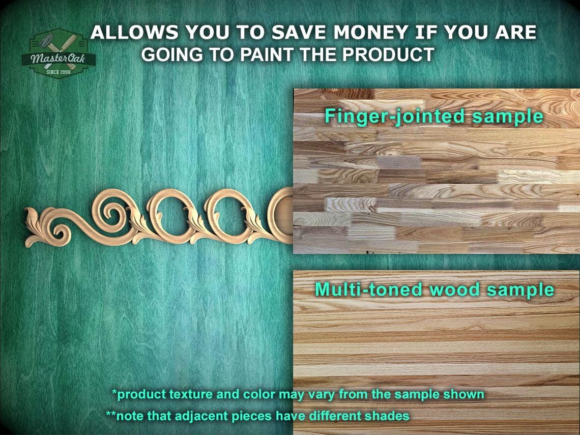 The image is a promotional image for Master Oak, which shows a sample of a multi-toned wood sample and a finger-jointed sample. The text on the image provides information about the product, such as the cost of painting the product and the different shades of the wood sample.