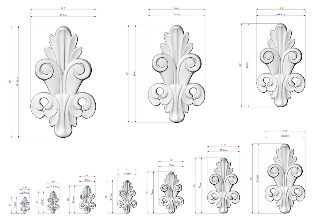 a collection of ornate, decorative white sculptures with intricate designs, each accompanied by its own set of measurements. The sculptures vary in size, ranging from small to large, and are arranged in a grid-like pattern. The image does not contain any text or additional objects, and the relative positions of the sculptures to each other suggest a deliberate arrangement for visual appeal.