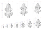 a collection of ornate, decorative white sculptures with intricate designs, each accompanied by its own set of measurements. The sculptures vary in size, ranging from small to large, and are arranged in a grid-like pattern. The image does not contain any text or additional objects, and the relative positions of the sculptures to each other suggest a deliberate arrangement for visual appeal.