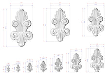 Load image into Gallery viewer, a collection of ornate, decorative white sculptures with intricate designs, each accompanied by its own set of measurements. The sculptures vary in size, ranging from small to large, and are arranged in a grid-like pattern. The image does not contain any text or additional objects, and the relative positions of the sculptures to each other suggest a deliberate arrangement for visual appeal.
