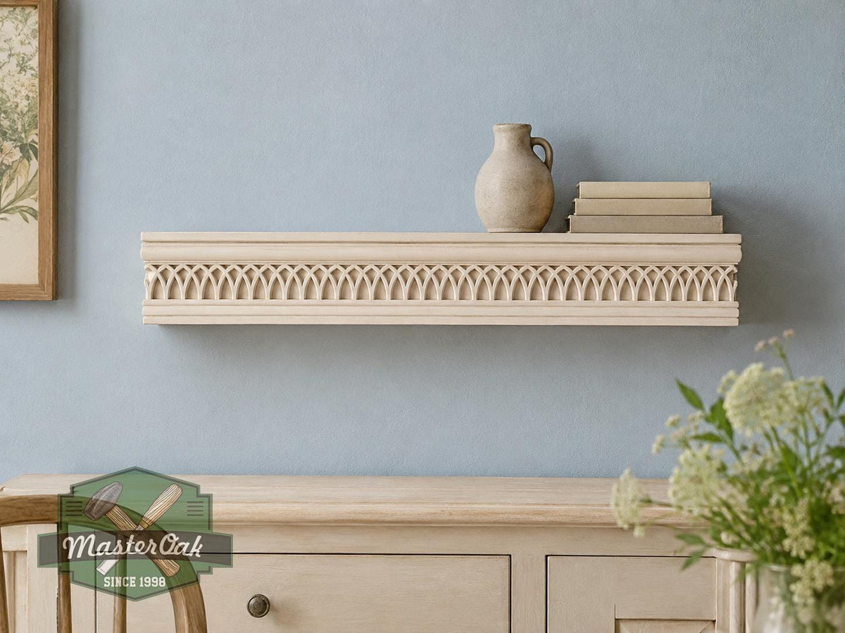 Carved Solid Oak Wall Shelf with Gothic Arch Pattern, Floating Display Shelf, Medieval and Dark Academia Home Decor