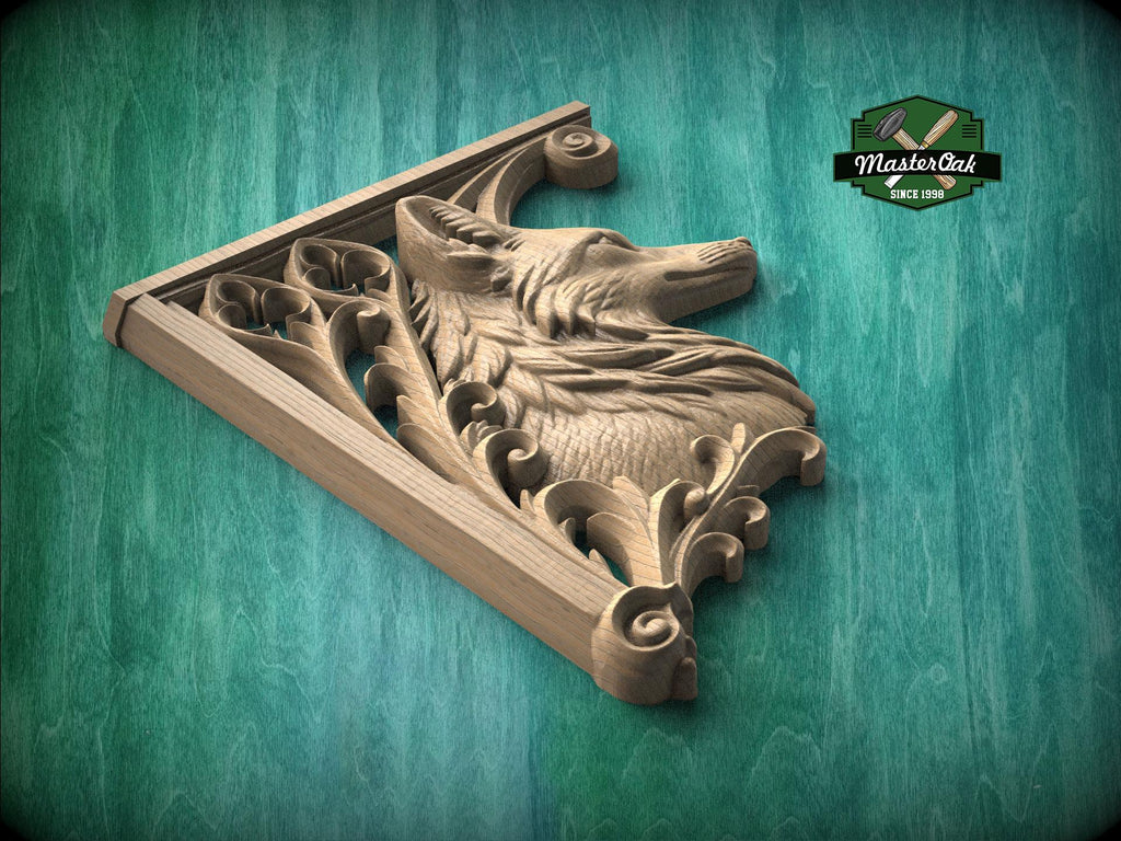Carved Wood Fox Corner Onlays, Mirrored Pair with Gothic Scrollwork
