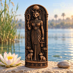 Bastet Statue with Kittens, Egyptian Cat Goddess Figurine, Wooden Altar Decor, Ancient Egypt Deity Sculpture, Pagan Gift