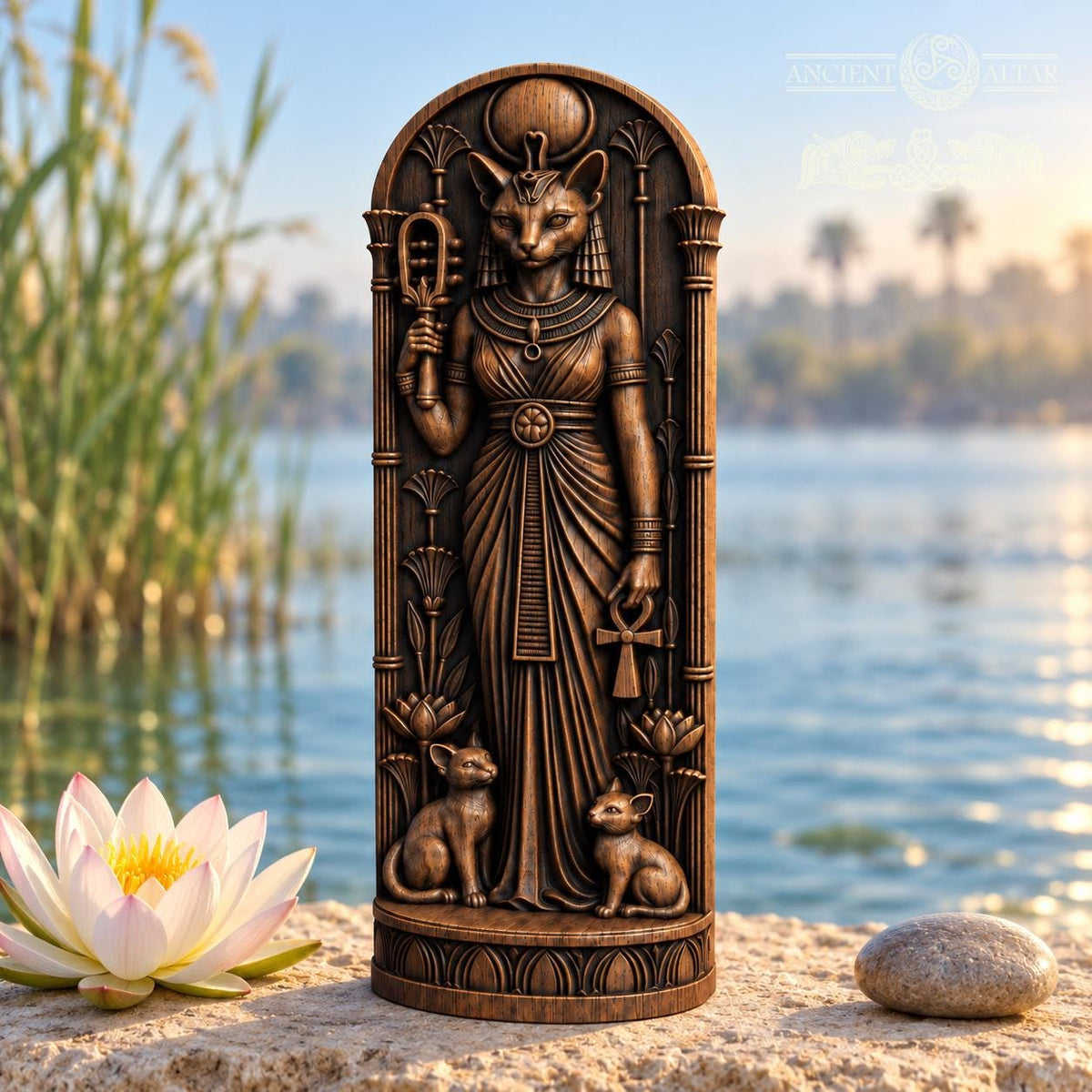 Bastet Statue with Kittens, Egyptian Cat Goddess Figurine, Wooden Altar Decor, Ancient Egypt Deity Sculpture, Pagan Gift