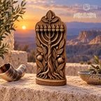 Tree of Life Menorah Sculpture, Solid Oak Judaica with Pomegranates and Olive Branches, Jewish Home Decor, Housewarming Gift