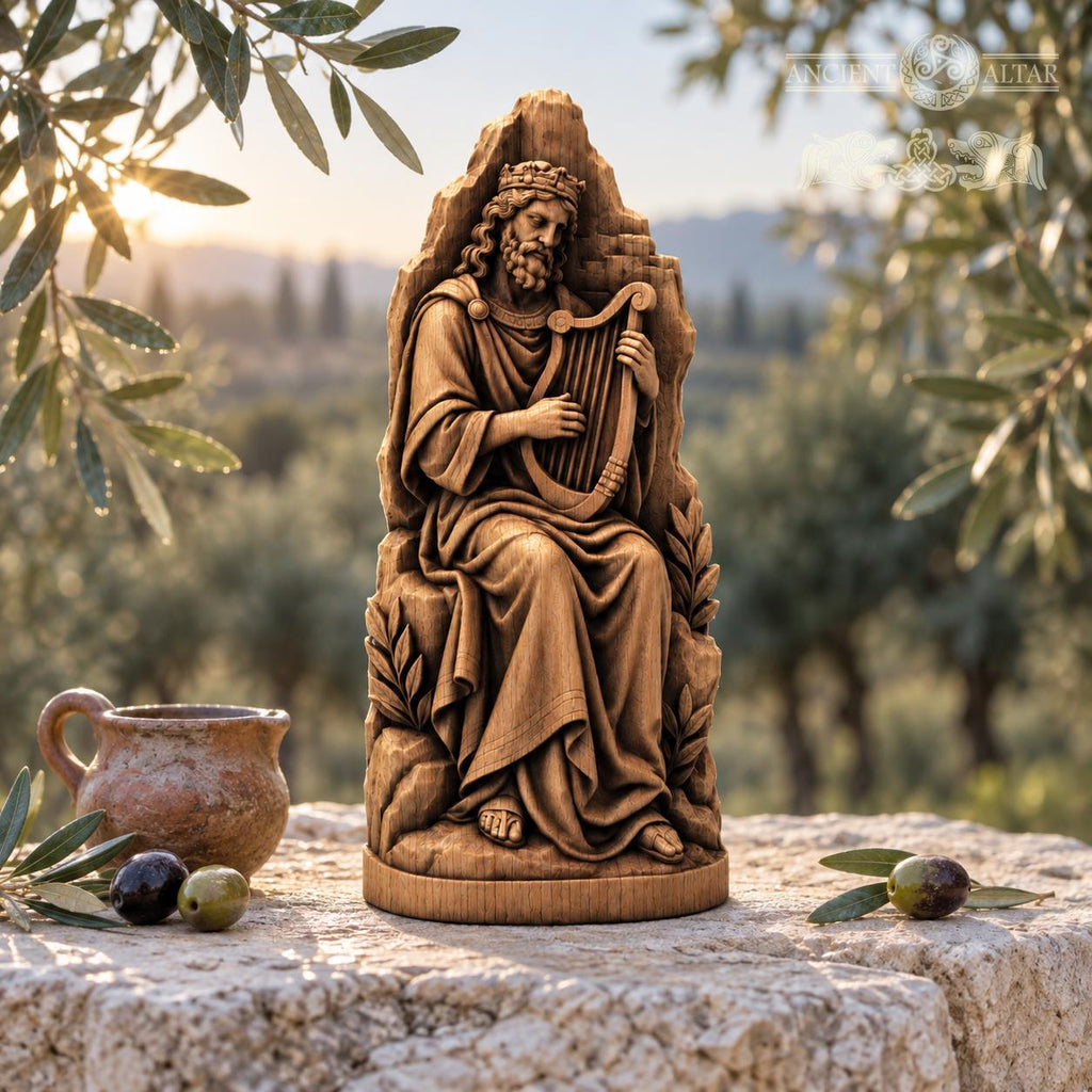King David Playing Harp Statue, Solid Oak Biblical Sculpture, Seated Musician Figurine, Judaica Home Decor, Religious Gift