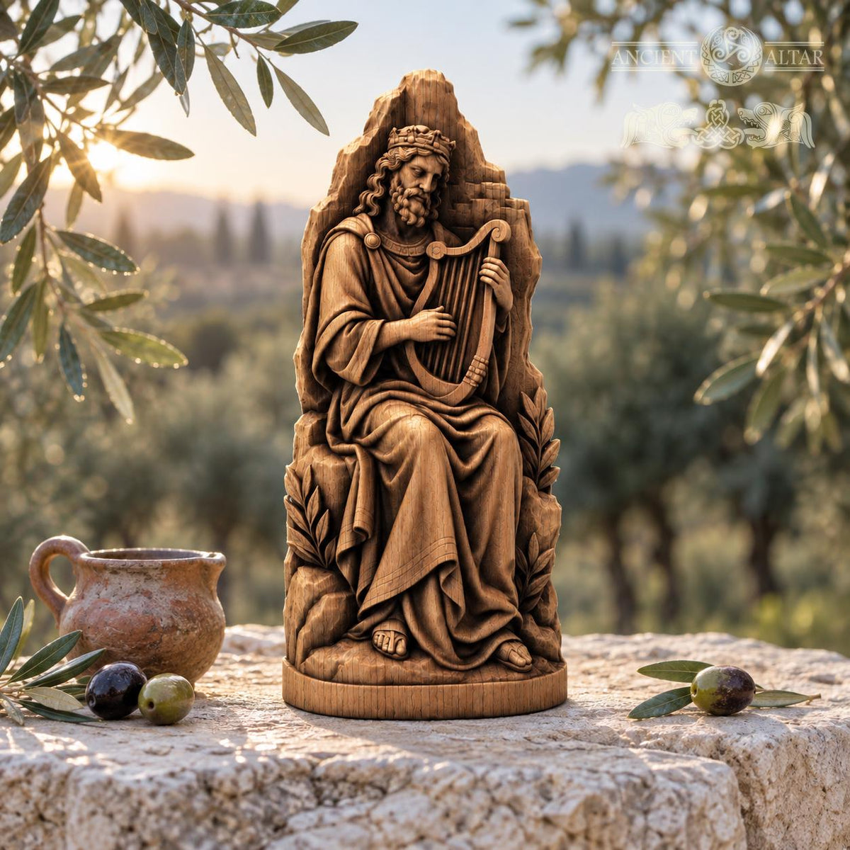 King David Playing Harp Statue, Solid Oak Biblical Sculpture, Seated Musician Figurine, Judaica Home Decor, Religious Gift