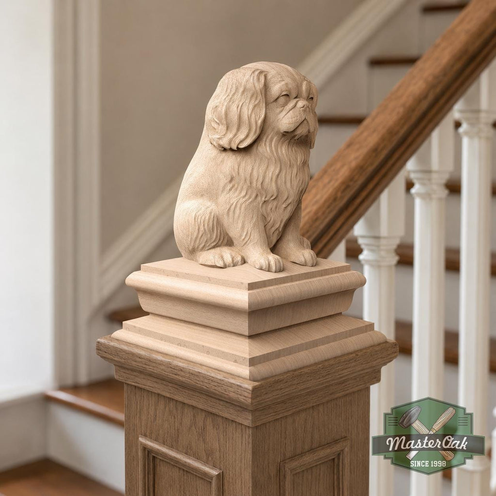 Carved Wooden Pekingese Dog Finial – Decorative Post Topper Statue, Deck or Stair Post