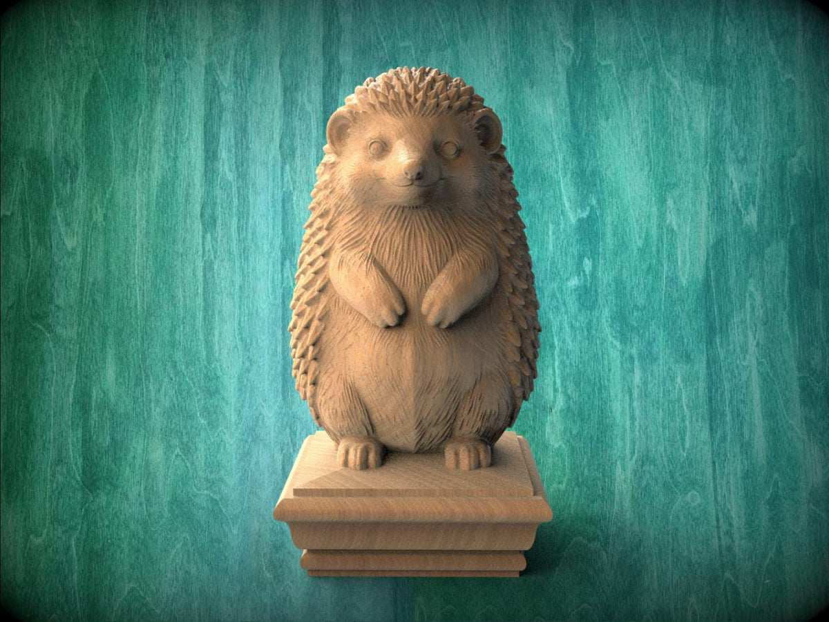 A wooden hedgehog statue is displayed on a wooden pedestal against a green background.