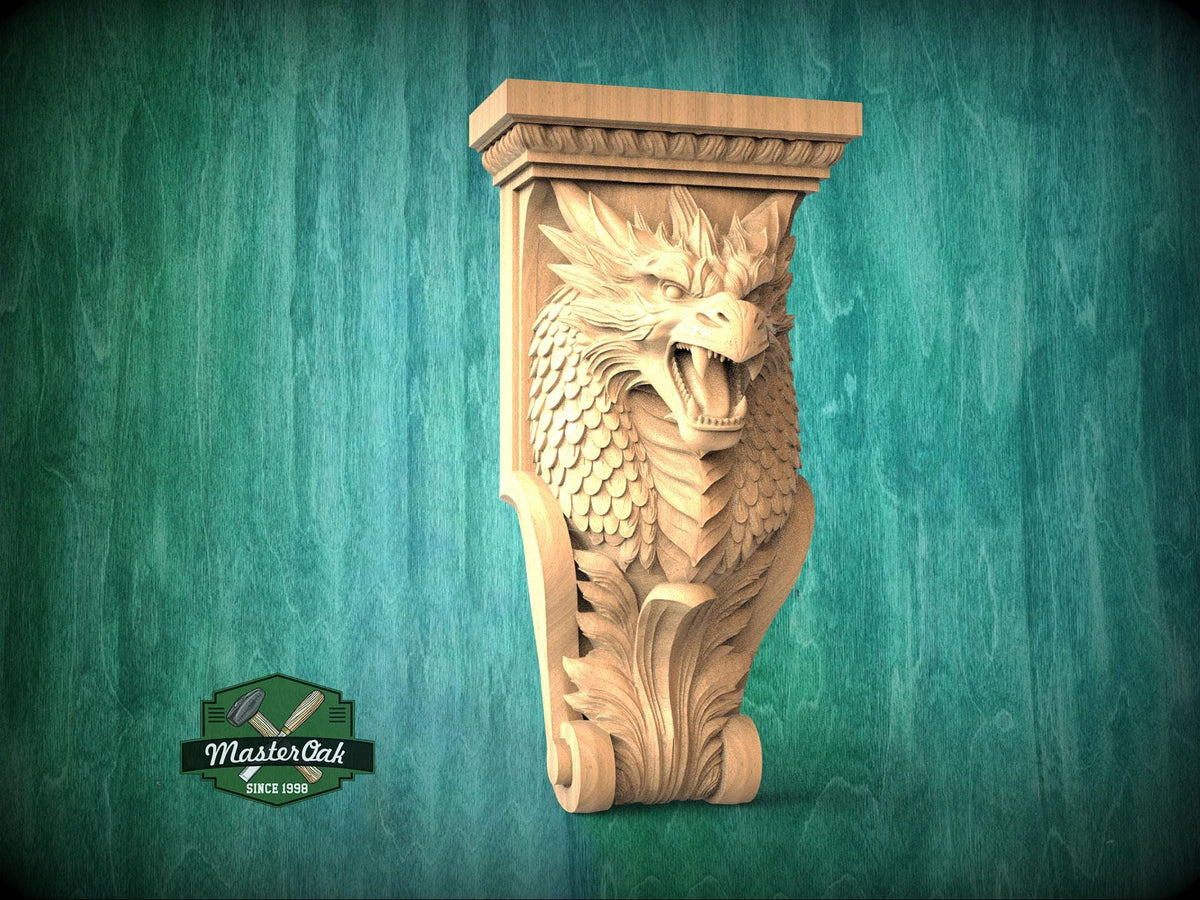 A carved wooden dragon head with a fierce expression is displayed against a green background.