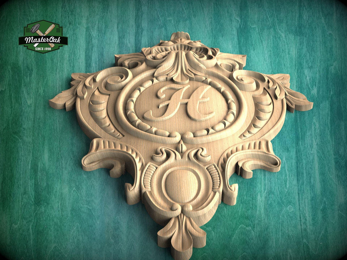 Personalized  Shield Wooden Onlay – Victorian Floral Wood Carving, 1 pc, Unpainted, Home Wall Embellishments, Carved Wood Applique