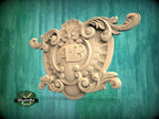 Personalized Antique Style Natural Wood Onlay - Detailed Scroll and Floral Central Overlay, 1pc, Unpainted, carved decoration, wooden onlay