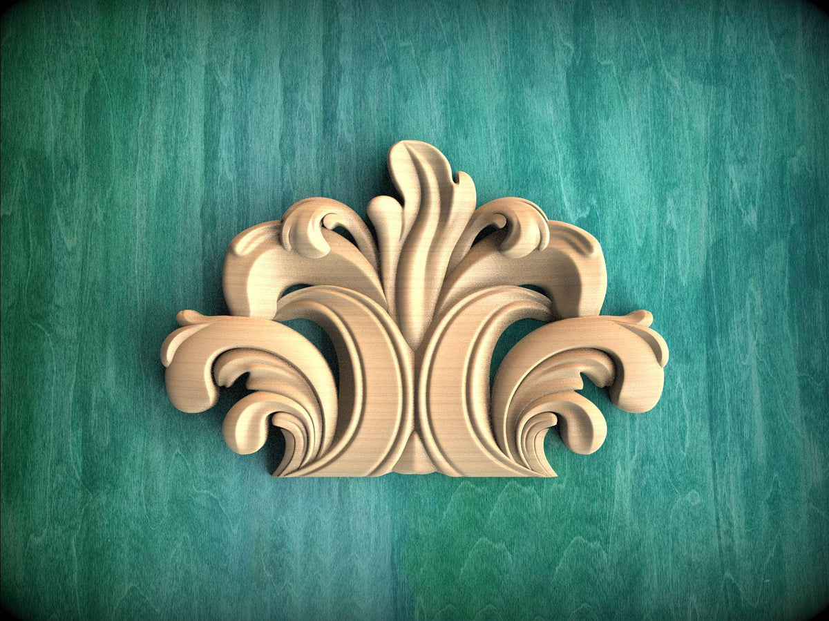 a decorative wooden carving on a green background.