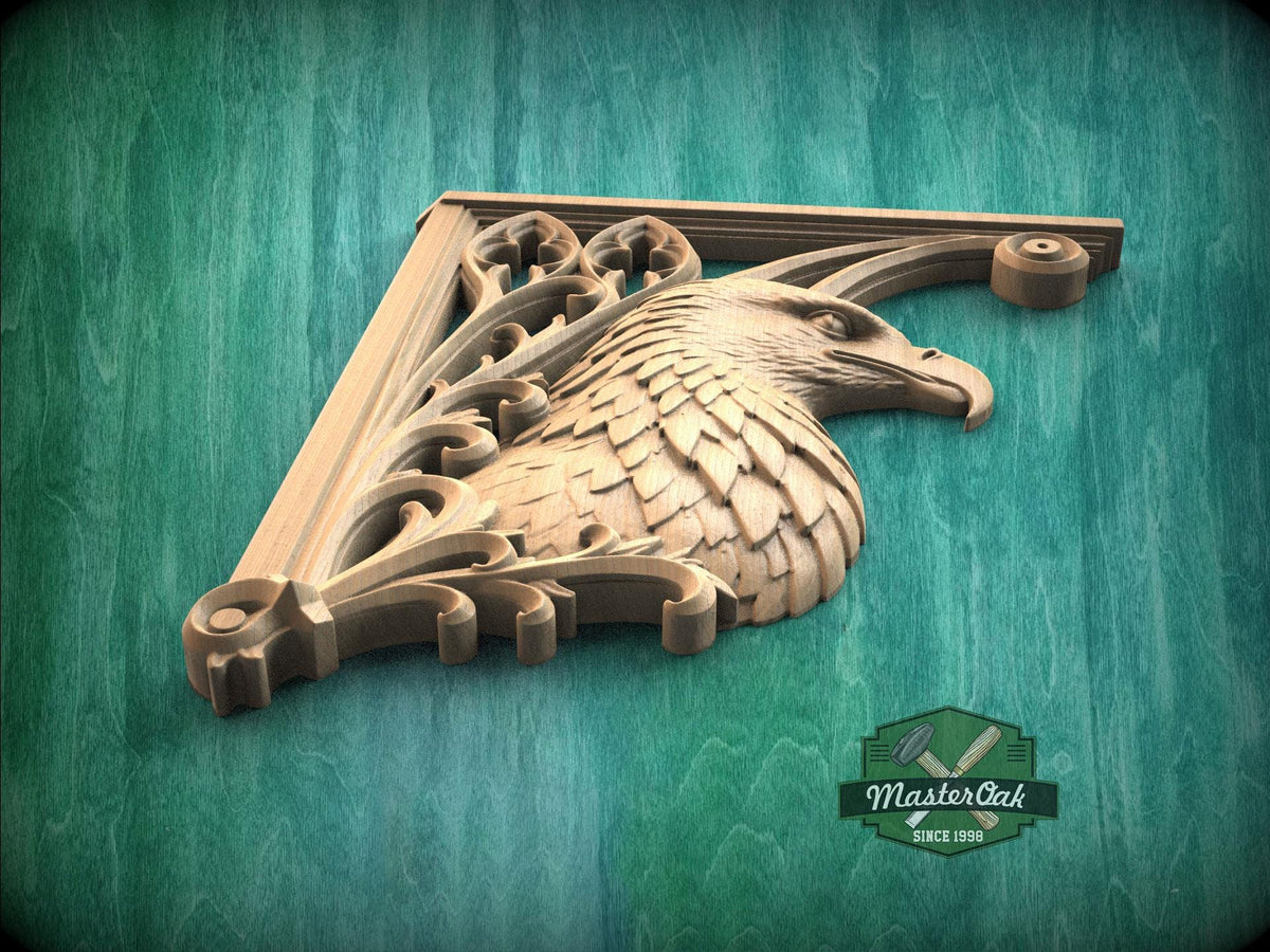 Carved Wood Eagle Corner Onlays, Mirrored Pair with Gothic Scrollwork