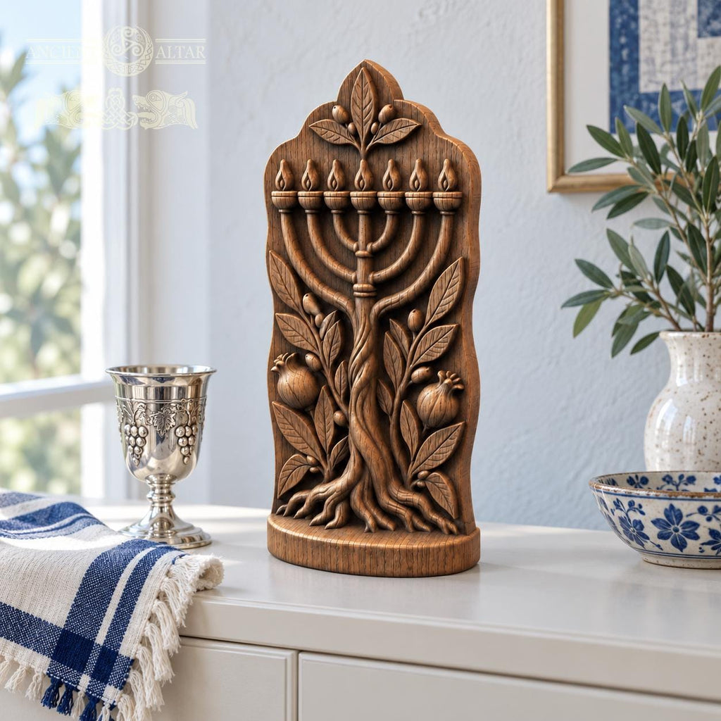 Tree of Life Menorah Sculpture, Solid Oak Judaica with Pomegranates and Olive Branches, Jewish Home Decor, Housewarming Gift