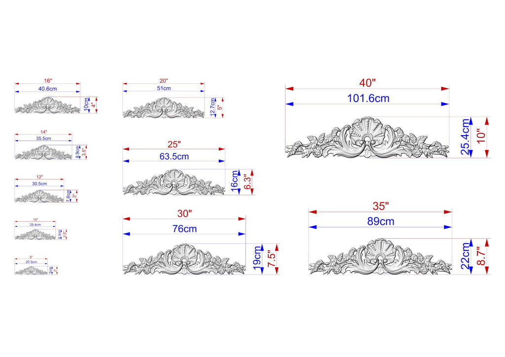 a series of decorative designs, each with its own set of measurements and scale. The designs are in various sizes, ranging from small to large, and they feature intricate patterns and details. The image is a collection of images that showcase different aspects of the designs, providing a comprehensive view of the subject matter.