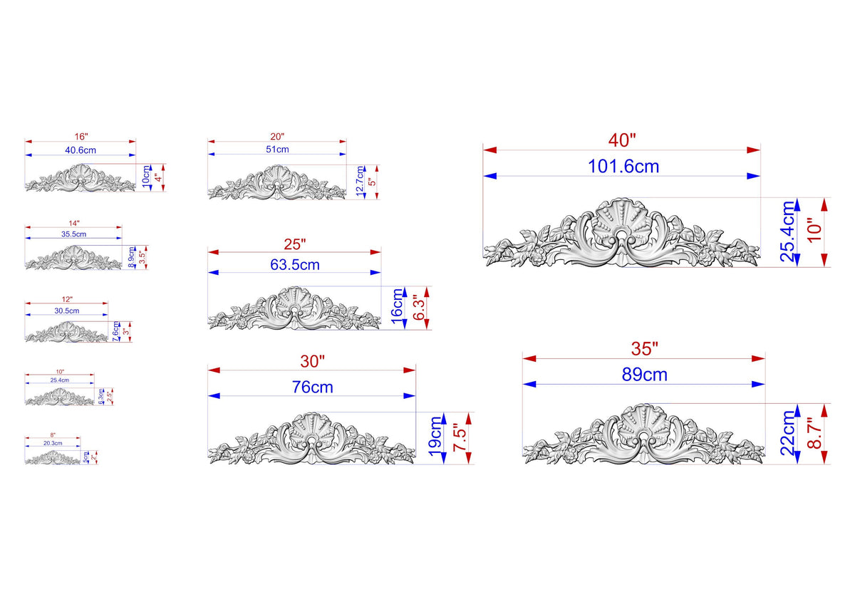 a series of decorative designs, each with its own set of measurements and scale. The designs are in various sizes, ranging from small to large, and they feature intricate patterns and details. The image is a collection of images that showcase different aspects of the designs, providing a comprehensive view of the subject matter.