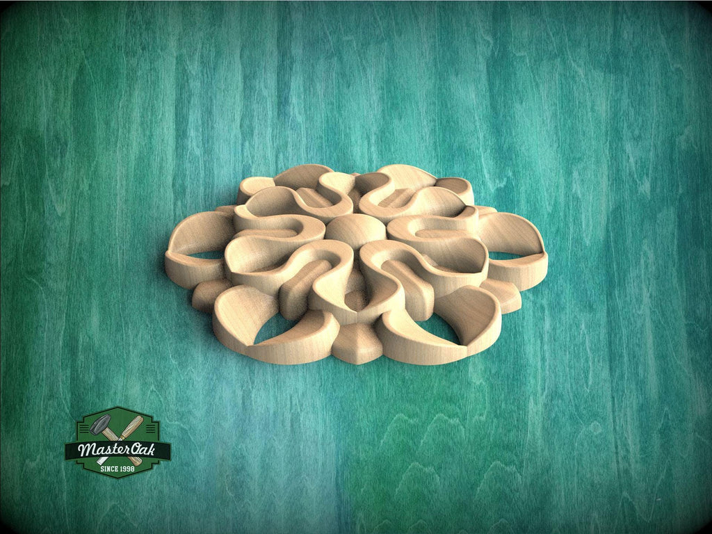 A wooden flower-like design is centered against a green background.