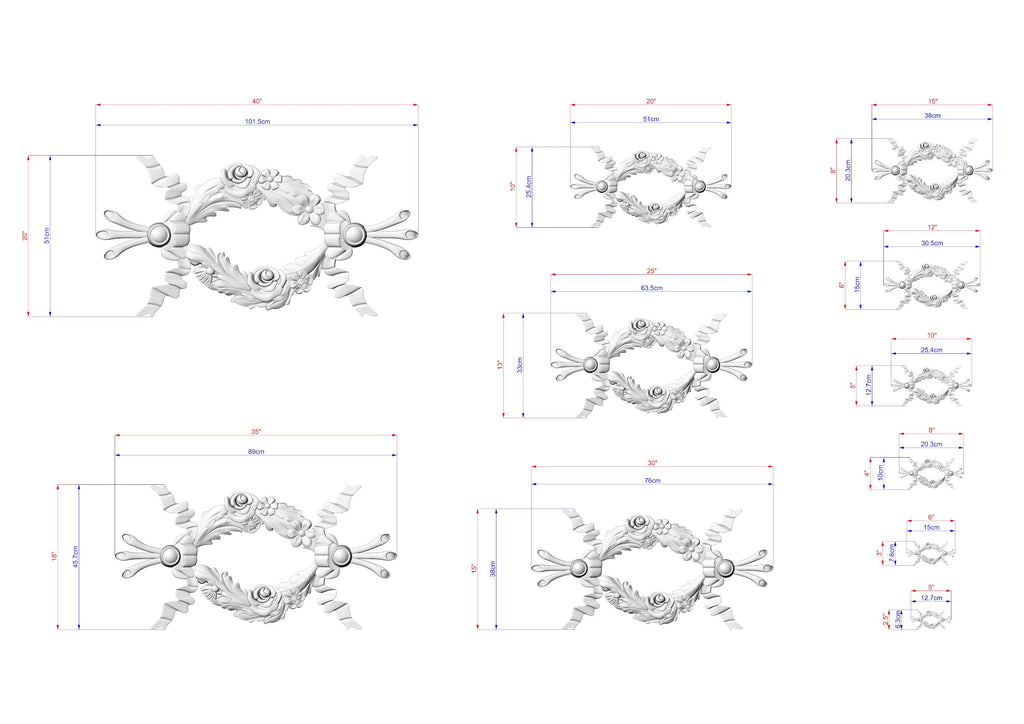 a collection of various sizes of decorative floral designs, each with its own unique style and dimensions. The designs are presented in a grid format, with each design being a separate element within the larger collection. The image does not contain any text or additional information that would allow for a detailed description of the content.