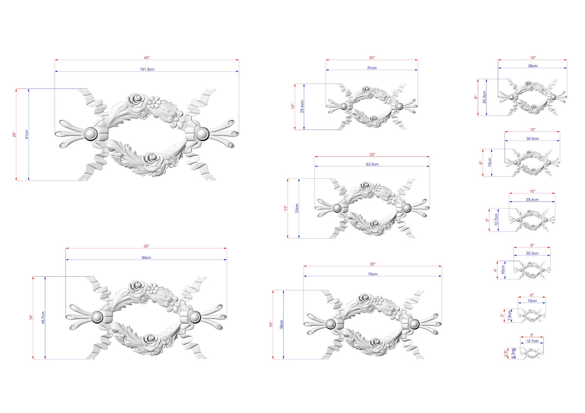 a collection of various sizes of decorative floral designs, each with its own unique style and dimensions. The designs are presented in a grid format, with each design being a separate element within the larger collection. The image does not contain any text or additional information that would allow for a detailed description of the content.