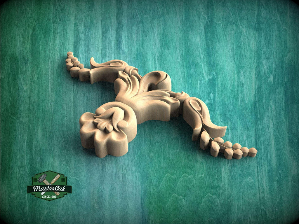 A wooden carving of a stylized flower or plant with intricate details is displayed against a teal-colored background.
