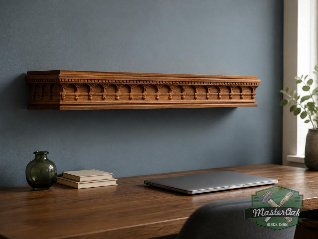 Carved Solid Oak Fireplace Mantel Shelf with Arched Arcade, Ornate Floating Wall Shelf, Classical Architectural Home Decor