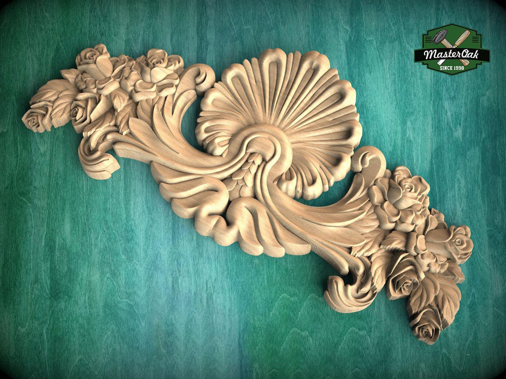Seashell and Rosebud Symphony Wood Carving, Roses and Shell Carved Applique, 1 pc, Unpainted, decorative wood onlay