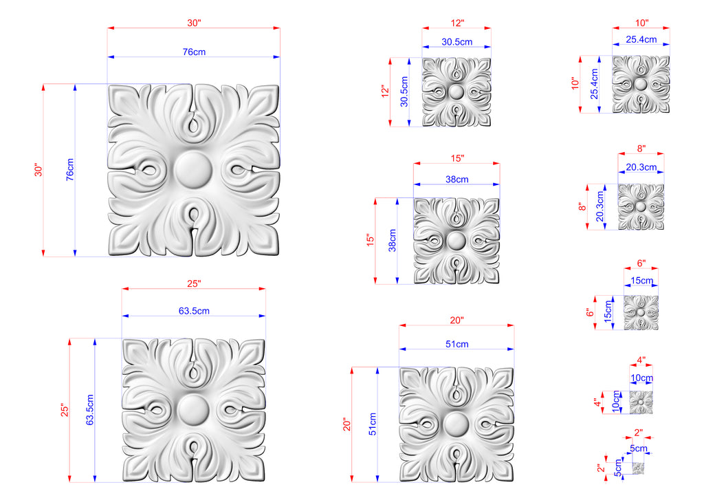 a collection of six different sizes of a decorative stone or concrete piece, each with its own unique design. The sizes are indicated in centimeters, and the image is a collage of multiple pictures. The text in the image is too small to read accurately, and there are no other specific details provided.