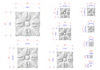 a collection of six different sizes of a decorative stone or concrete piece, each with its own unique design. The sizes are indicated in centimeters, and the image is a collage of multiple pictures. The text in the image is too small to read accurately, and there are no other specific details provided.