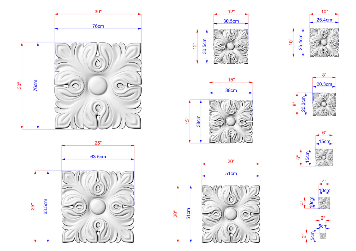 a collection of six different sizes of a decorative stone or concrete piece, each with its own unique design. The sizes are indicated in centimeters, and the image is a collage of multiple pictures. The text in the image is too small to read accurately, and there are no other specific details provided.