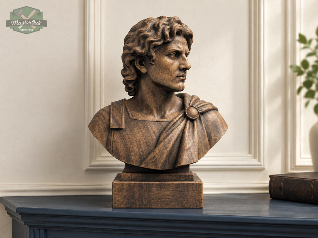 Alexander the Great Bust | Carved & Hand-Finished Wood Statue | Conqueror Gift