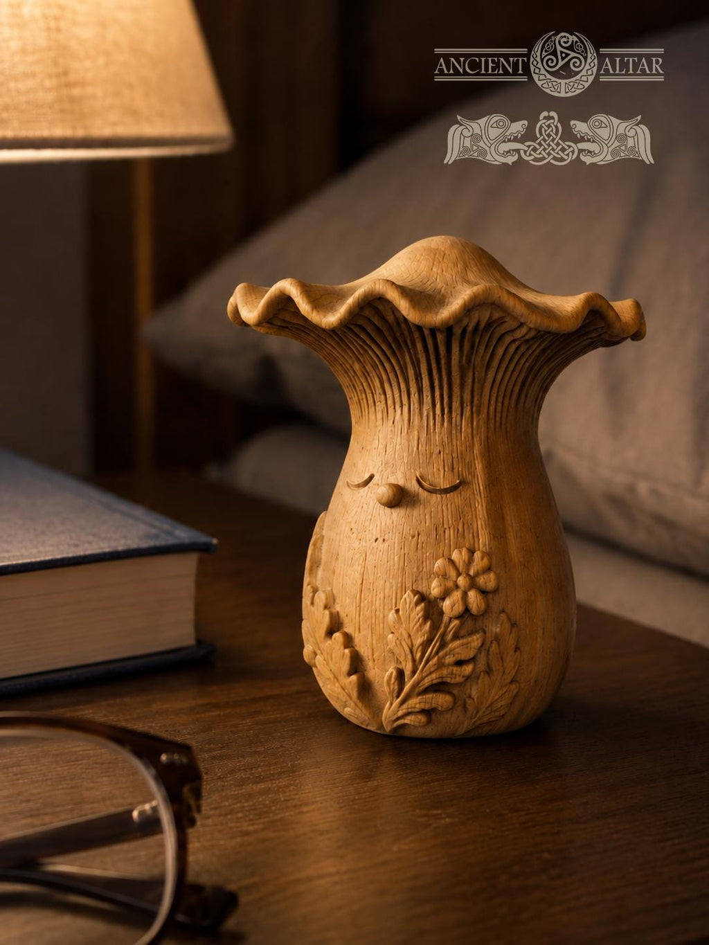 Wooden Chanterelle Forest Spirit Figurine, Oak Mushroom Guardian, 2.76 in
