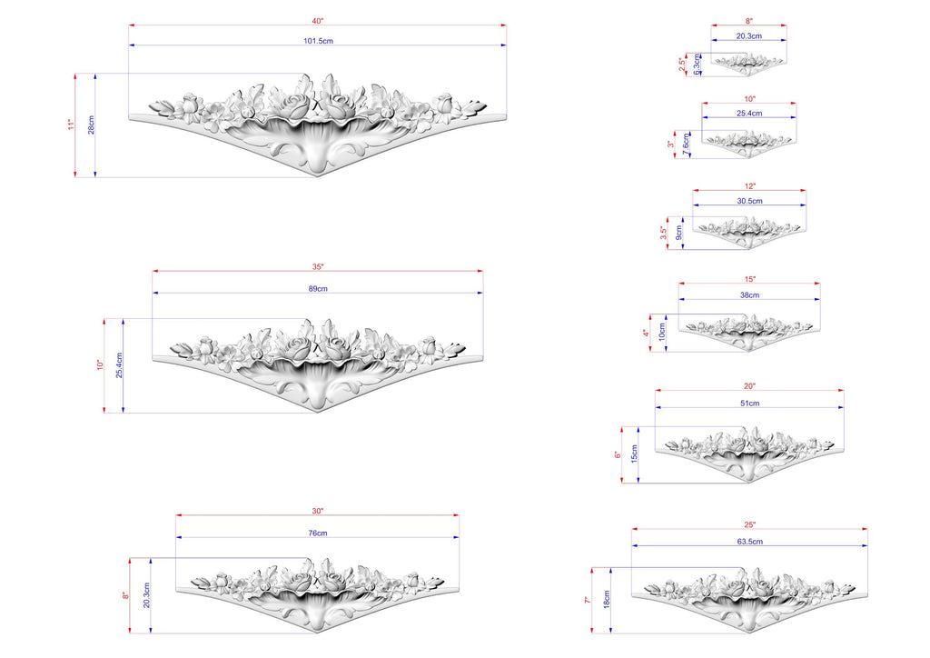 a series of images depicting various sizes of a decorative piece, likely a sculpture or artwork. The images are labeled with their respective sizes, ranging from small to large, and are arranged in a grid-like pattern. The images are shown in different orientations, providing a comprehensive view of the piece's design and dimensions.