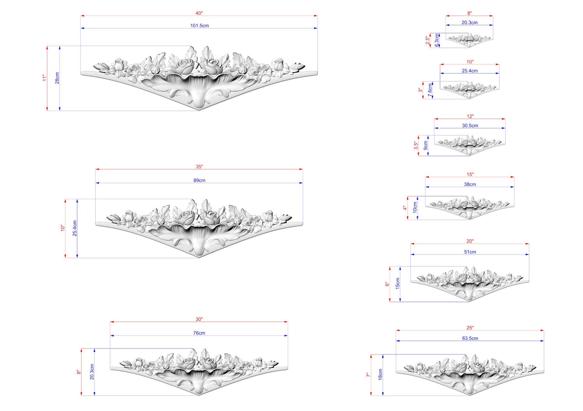 a series of images depicting various sizes of a decorative piece, likely a sculpture or artwork. The images are labeled with their respective sizes, ranging from small to large, and are arranged in a grid-like pattern. The images are shown in different orientations, providing a comprehensive view of the piece's design and dimensions.