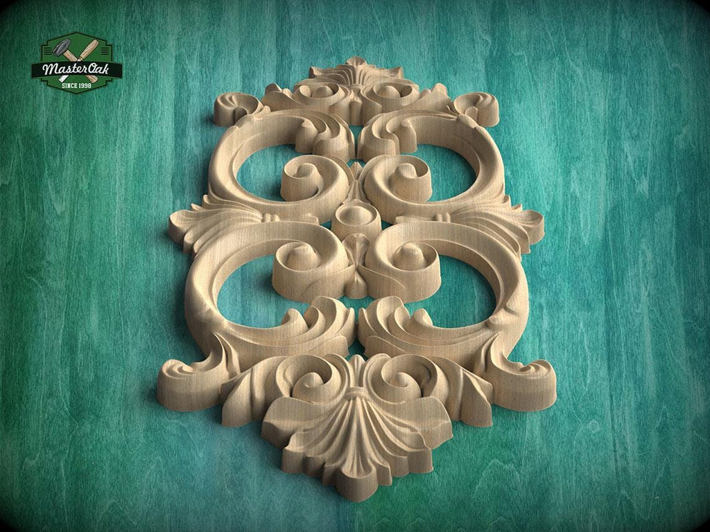 a beautifully carved wooden piece with intricate designs, displayed against a green background.