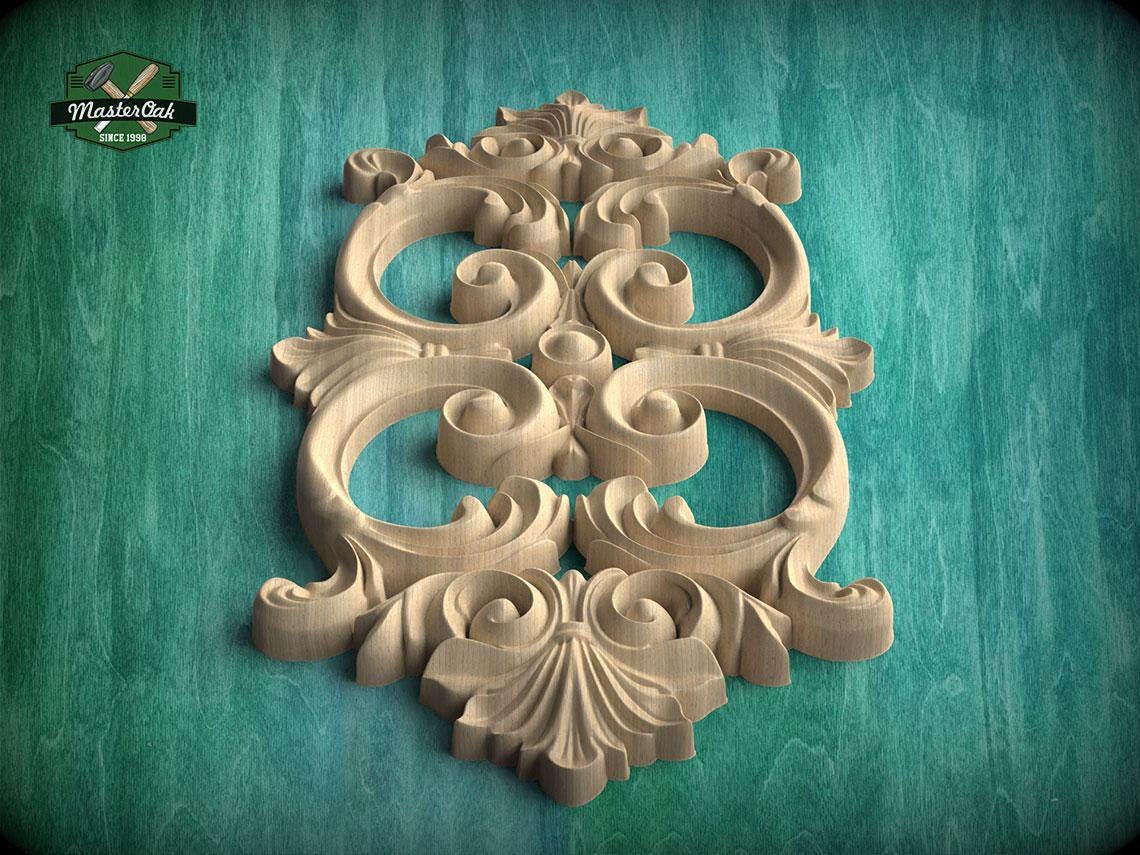 a beautifully carved wooden piece with intricate designs, displayed against a green background.