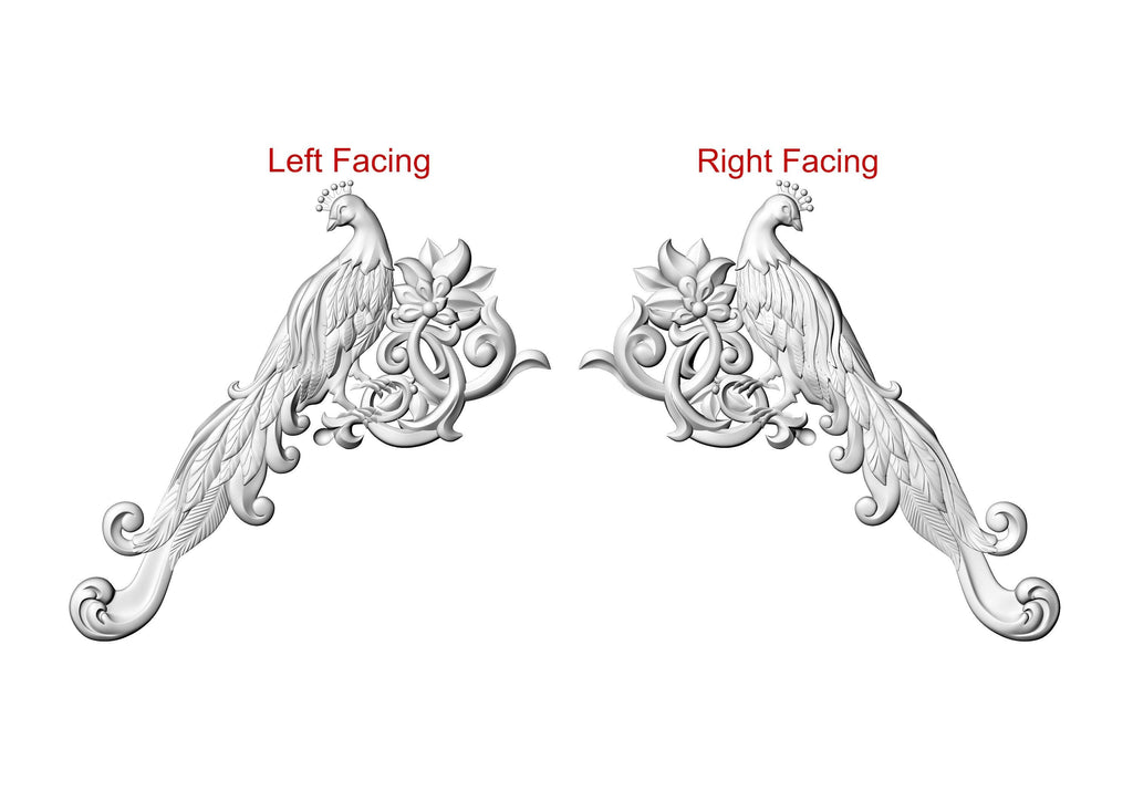 Peacock in Bloom Wood Carving – Elegant Corner Decor Element, 1 pc, Unpainted, Home Wall Embellishments, Furniture Carving, Wood Onlays
