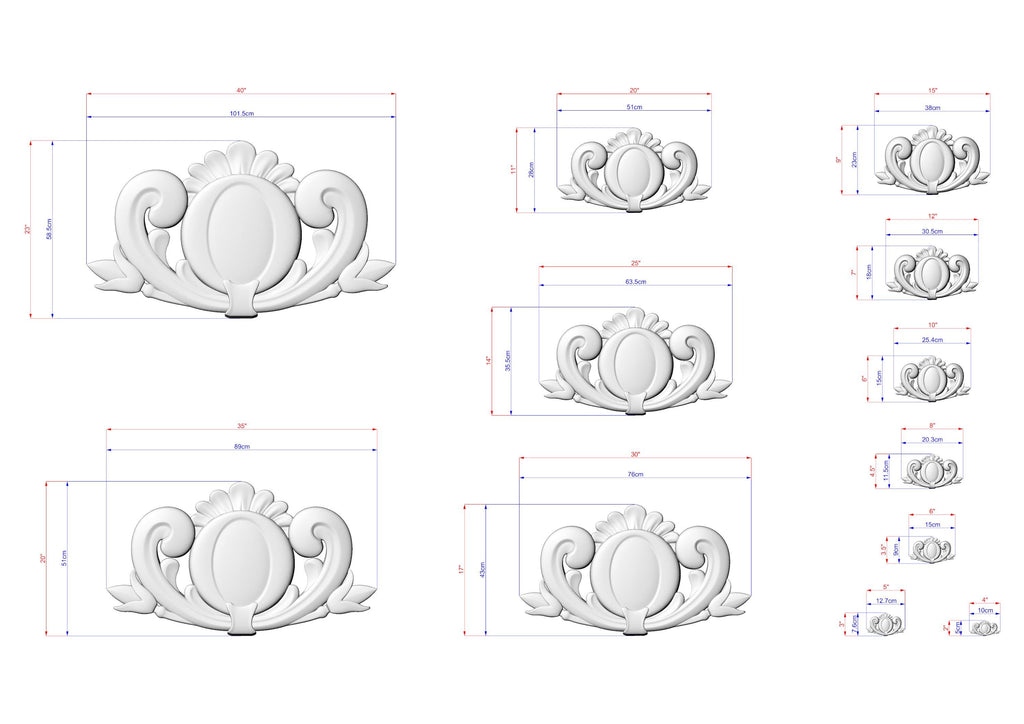 various sizes of decorative white floral designs, each with its own set of measurements and dimensions. The designs are arranged in a grid format, with each row representing a different size and the columns representing different types of designs. The image does not contain any text or additional elements that would require a more detailed description.