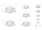 various sizes of decorative white floral designs, each with its own set of measurements and dimensions. The designs are arranged in a grid format, with each row representing a different size and the columns representing different types of designs. The image does not contain any text or additional elements that would require a more detailed description.