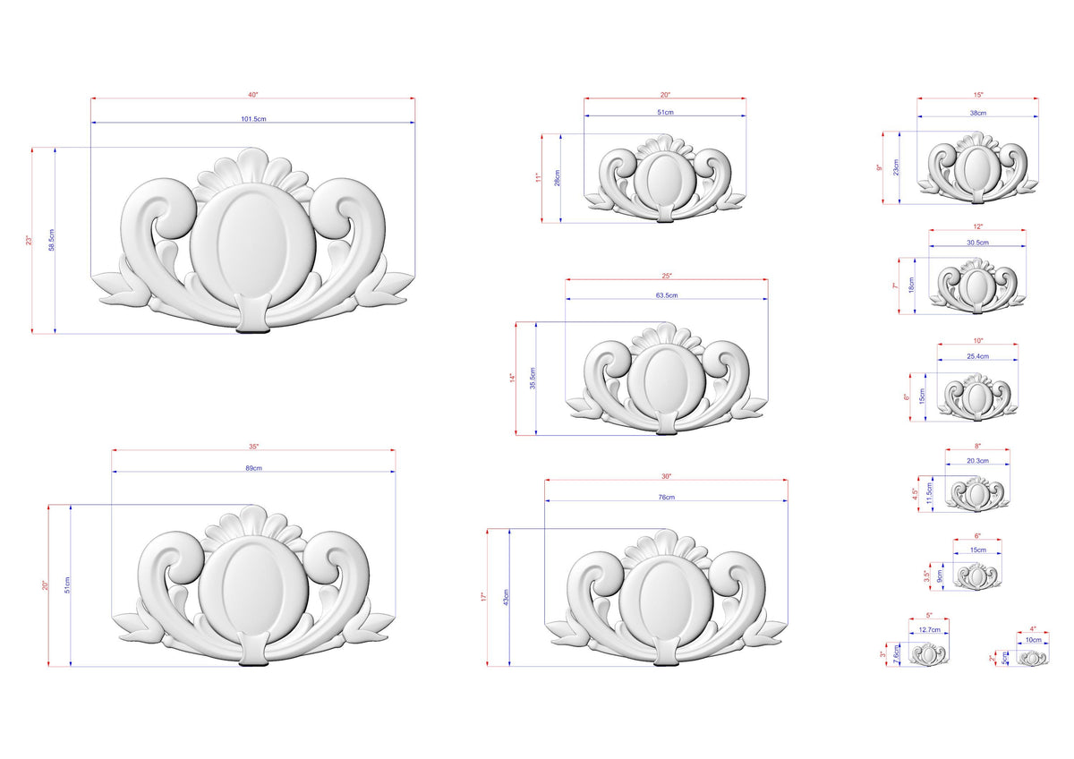 various sizes of decorative white floral designs, each with its own set of measurements and dimensions. The designs are arranged in a grid format, with each row representing a different size and the columns representing different types of designs. The image does not contain any text or additional elements that would require a more detailed description.
