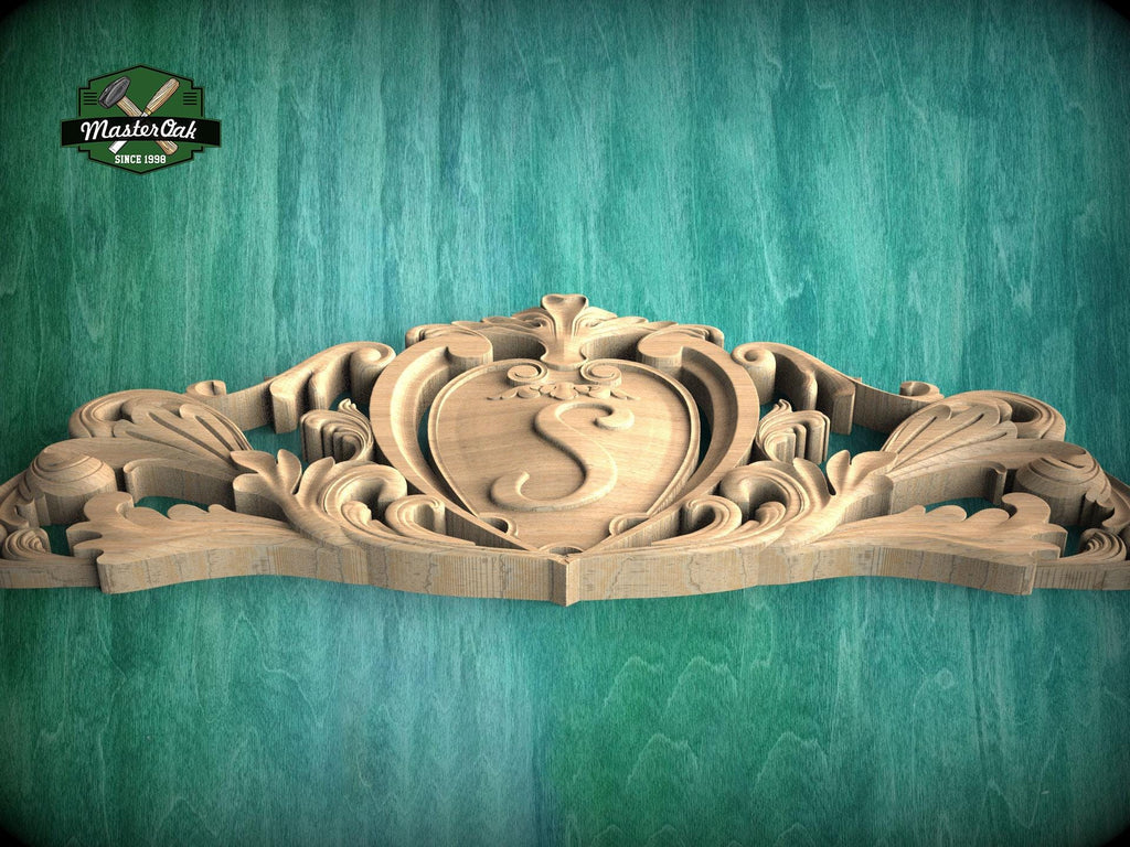Personalized Baroque Style Carved Wood Onlay with Cartouche, Ornate Wood Crest Onlay Accent, Furniture Carving, Wood Onlay, 1pc, Unpainted