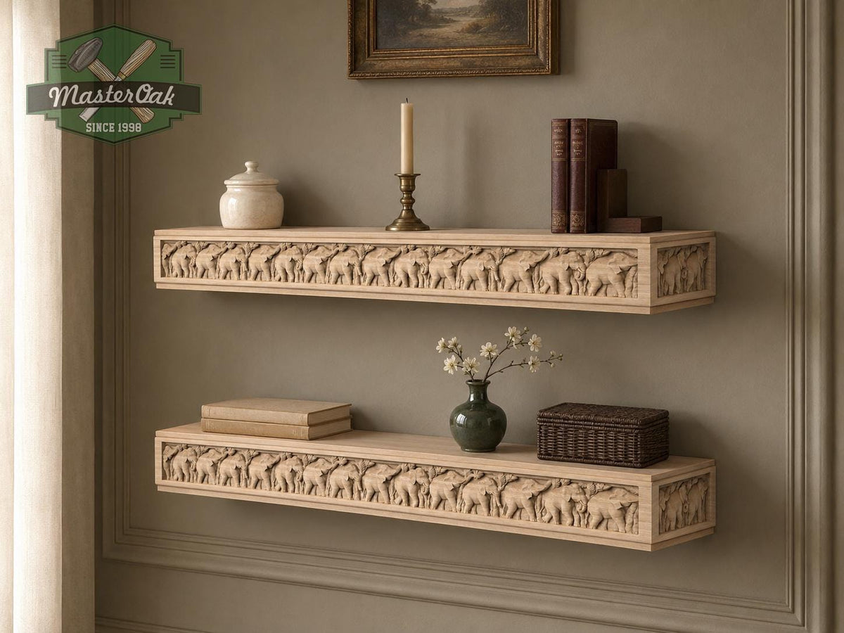 Carved Solid Oak Wall Shelf with Elephant Procession, Ornate Floating Display Shelf, Safari and Indian Inspired Home Decor