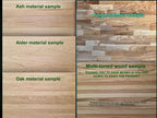 The image is a comparison of different types of wood samples, including an ash material sample, a finger-jointed sample, and a multi-toned wood sample.