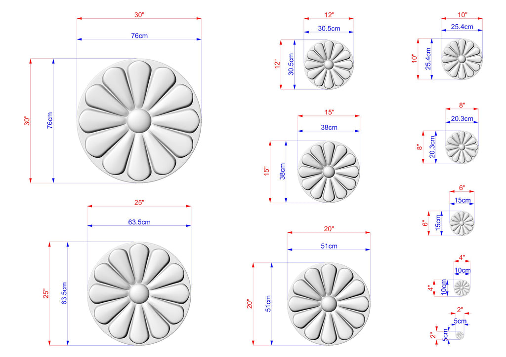 various sizes of white flower-shaped objects, each with its own set of dimensions and measurements. The objects are arranged in a grid format, with each row representing a different size and the columns representing the different types of objects. The image provides a clear visual representation of the different sizes and shapes of the flower-shaped objects.